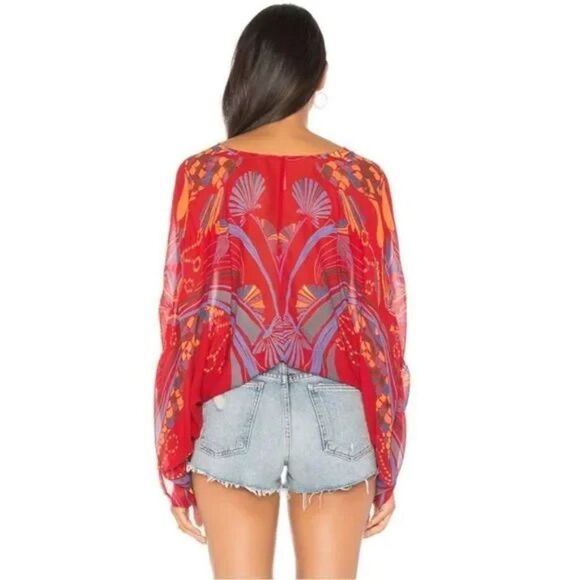 Free People Boho Red Kimono Sleeve Beneath The Sea Blouse Top S - Picture 4 of 5